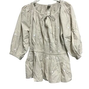 Anko Boho Embroidered Peasant Blouse Tan Floral  Smocked Waist Cotton 14